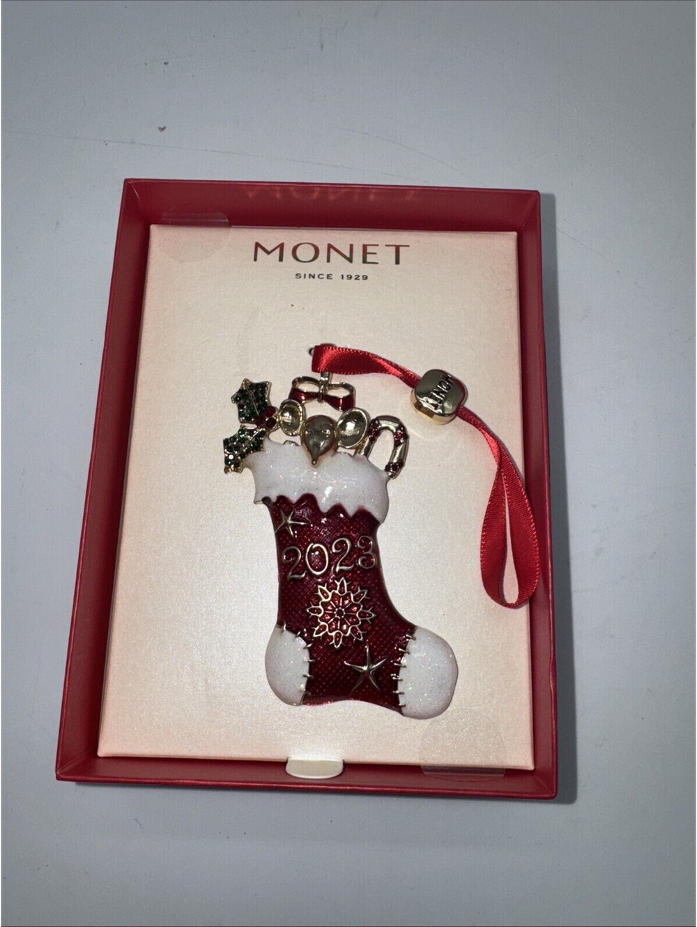 Monet 2023 Holiday Christmas Stocking Ornament Gold Rhinestones Glitter NIB